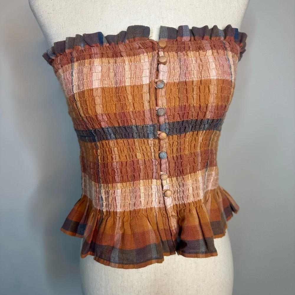 Sz M American Eagle smocked strapless tube top ruffled plaid linen warm tone